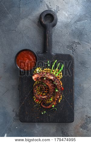 Spanish tapas. Octopus Galicia style.Typical appetizer. Top view