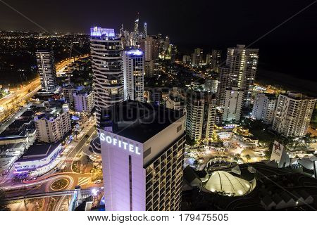 GOLD COAST, AUSTRALIA - MARCH 31 2017: Aerial nightscape view looking north from Broadbeach to Surfers Paradise