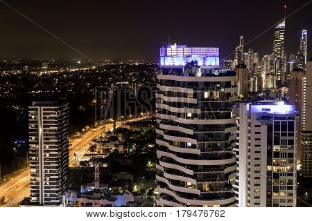 GOLD COAST, AUSTRALIA - MARCH 31 2017: City lights of Surfers Paradise, aerial nightscape from Broadbeach.