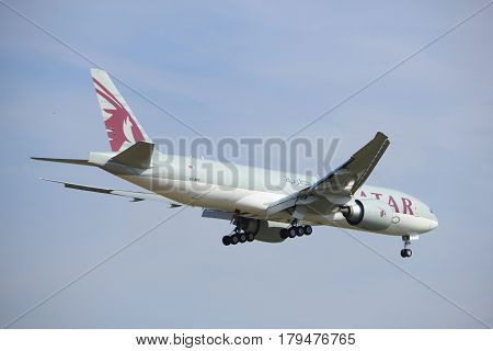 Amsterdam the Netherlands - July 21st 2016:A7-BFE Qatar Airways Cargo Boeing 777 approaching Polderbaan runway at Schiphol Amsterdam Airport arriving from Chicago USA