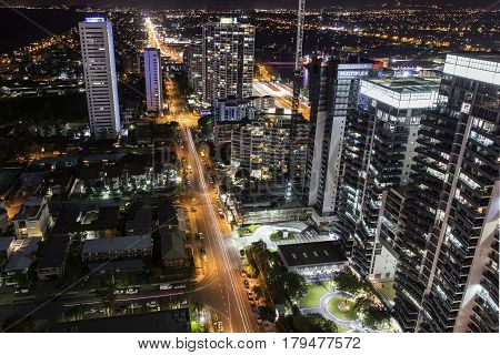 GOLD COAST, AUSTRALIA - MARCH 31 2017: Broadbeach aerial nightscape facing south