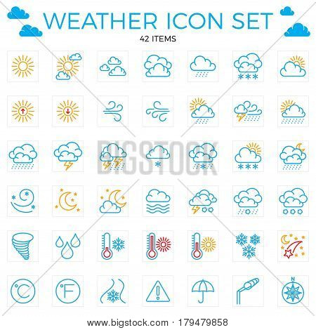 Weather icon set. Line icons.42 items. Clouds sun rain umbrella 64x64 Editable stroke