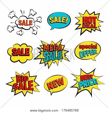 Sale cartoon vector set. Big Mega sale Best price and Hot deal comic style flat. New Special offer on spech bubble. Explosion bubbles isolated discount promotion