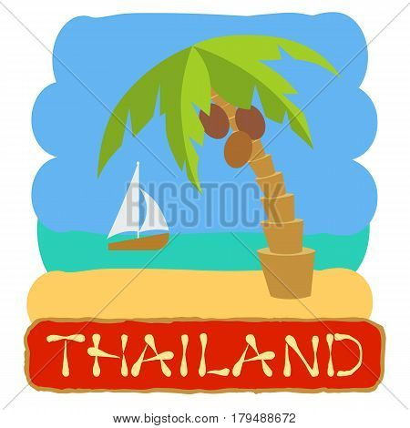 Tropical island with palm tree. Vector illustration icon lettering Thailand.