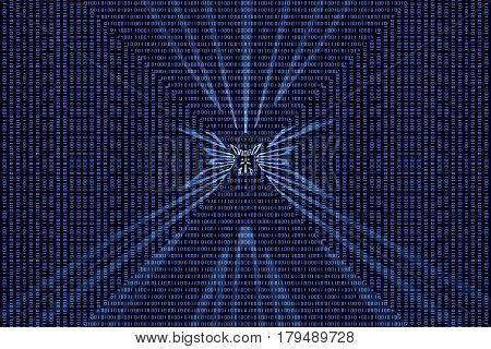 Binary data code illustration. Blue matrix binary code on dark background