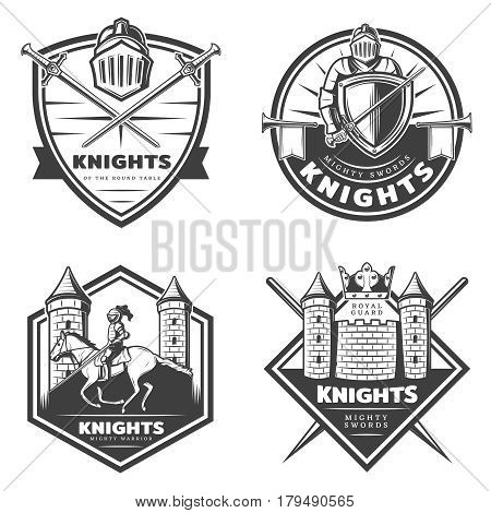 Vintage medieval emblems set with swords shield castle and knight in steel armor riding horse isolated vector illustration