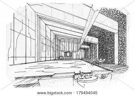 sketch interior perspective swimming pools black and white interior design.