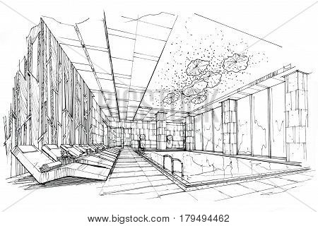 sketch stripes Swimming pool black and white interior design.