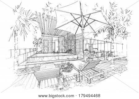 sketch stripes Swimming pool black and white interior design.