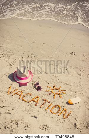 Vintage Photo, Word Vacation, Accessories For Sunbathing And Passport On Sand At Beach, Summer Time