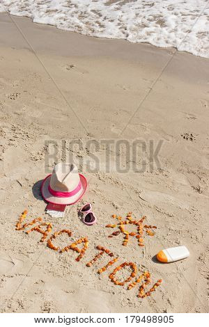 Word Vacation, Accessories For Sunbathing And Passport With Currencies Dollar At Beach, Summer Time