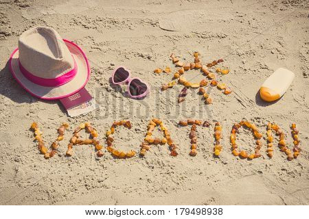 Vintage Photo, Word Vacation, Accessories For Sunbathing And Passport With Currencies Euro At Beach
