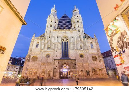 VIENNA, AUSTRIA - APRIL 11, 2015: Facade of St. Stephen's Cathedral (more commonly known by its German title: Stephansdom) is the mother church of the Roman Catholic Archdiocese of Vienna. Austria.