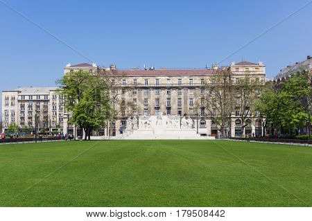 View of a monument dedicated to former Hungarian Prime Minister Lajos Kossuth in front of the Hungarian Parliament Building on Lajos Kossuth Square.