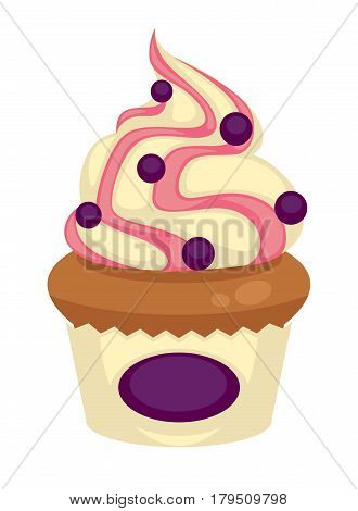 Sweet vanilla cupcake with purple pears marmalade dots decorations isolated on white background. Delicious bakery product with cute design vector illustration. Tasty confectionery item in flat style