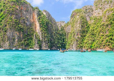 Entering Pileh lagoon with beautiful limestone rock surrounded at Phi Phi island Krabi Thailand