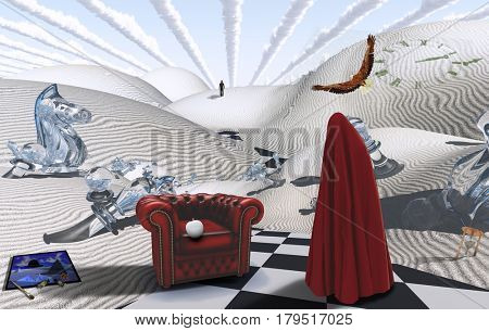 Surreal desert with chess figures. Figure in red hijab. Armchair with white apple. Painting with brush and dyes. Eagle in the sky.  3D Rendering