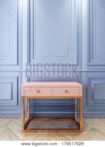Rose quartz console and serenity classic interrior. 3d render illustration.