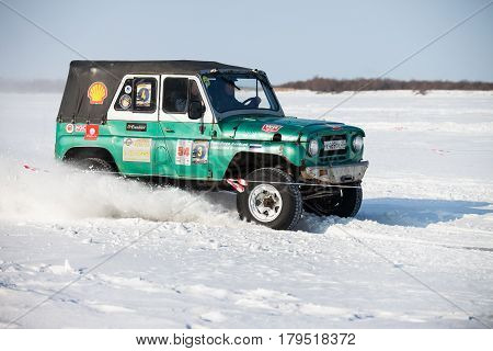 KHABAROVSK RUSSIA - JANUARY 28 2017: UAZ 469 riding on snow during local championship