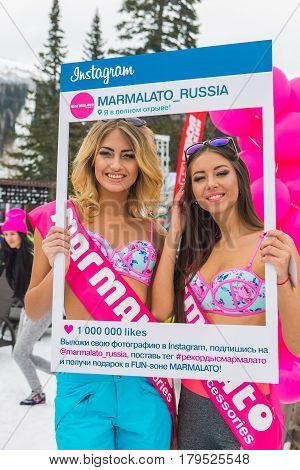 Two Young Happy Pretty Women In Colorful Bikini With Instagram Frame.