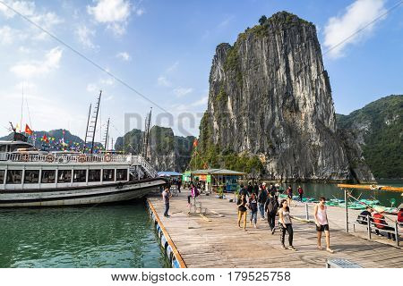 HALONG BAY VIETNAM - February 16 2017: Tourists passengers of a cruise are enjoying around the Halong Bay in Vietnam