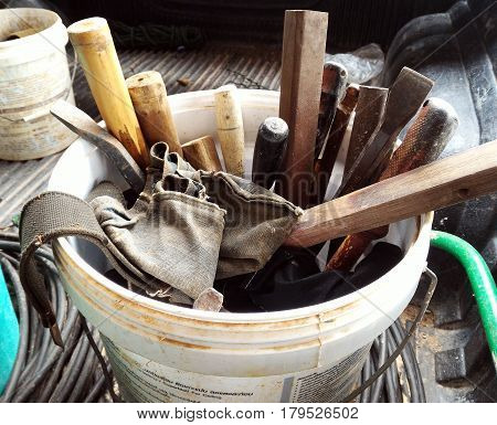 detail many old tool in bucket for background