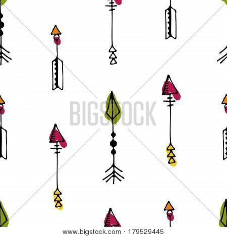 Tribal vintage black arrows on white background. Seamless vector graphic colorful pattern. native american style. For web page , pattern fill, wallpaper, card, textile. Hand drawn. Sketch.Doodle.Green.