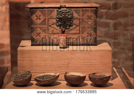 Mexico Oaxaca Santo Domingo monastery museum old samples of iron ore and paint and old chest and old bottle