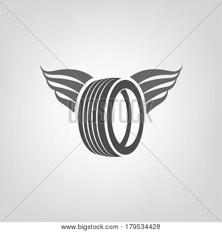 Car tire icon with wings in grey colours useful for logotype design on a light background. Transportation automotive concept. Digital pictogram collection. Beautiful vector illustration