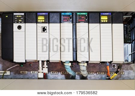 PLC programable logic controlerThis picture show hard wiring communication socket connection during technician maintenance