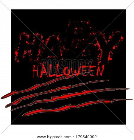 Dirty bloody scary grunge lettering Happy Halloween with spots on black background with scratches