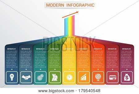 Vector template Infographic for 9 options. Vertical colour strips with prospect and a shade