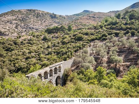 Ruins of ancient Pollio aqueduct bringe in Izmir Province. Turkey