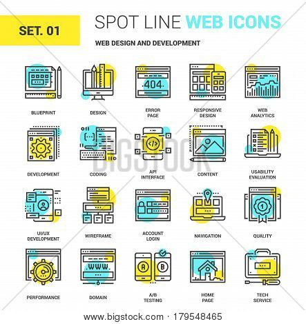 Vector set of web design and development spot line web icons. Each icon with adjustable strokes neatly designed on pixel perfect 64X64 size grid. Fully editable and easy to use.