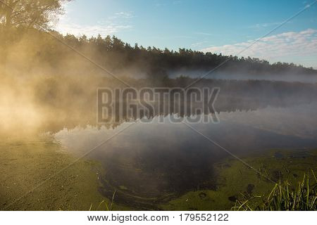 Morning fog on the Irpen river in the town of Irpin