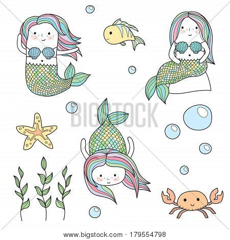 Cute doodle kid-like drawn style vector set of mermaids and underwater sea life creatures. Chibi fun mermaids, crab, fish and starfish, sea weeds and bubbles.