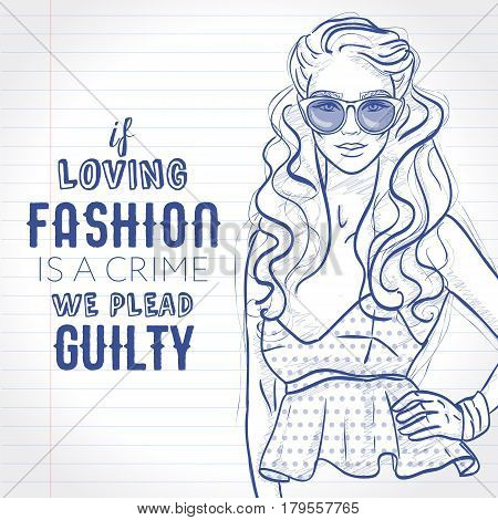 Vector fashion hipster girl dressed in court shoes, top with peplum, sunglasses, sketch on a notebook page