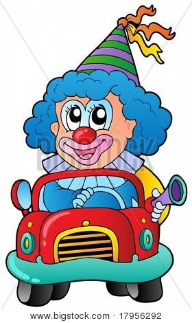 Tecknad clown kör bil - vektor illustration.