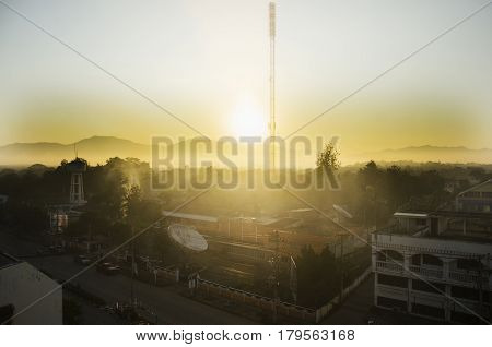 Cityscape With Traffic Road Of At Tower Artesian Aquifer And Broadcasting Services Station Lampang C
