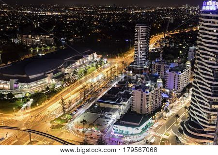 GOLD COAST, AUSTRALIA - MARCH 31 2017: Gold Coast Broadbeach aerial nightscape with the Convention and Exhibition Centre  and surrounds
