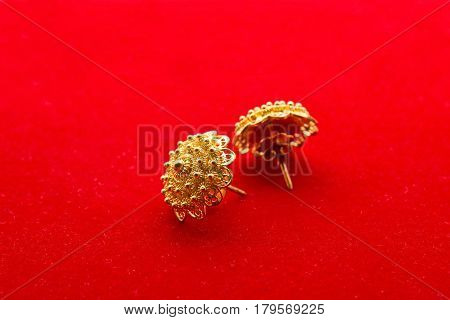 Jewelry Golden Earrings Isolated on Red Background