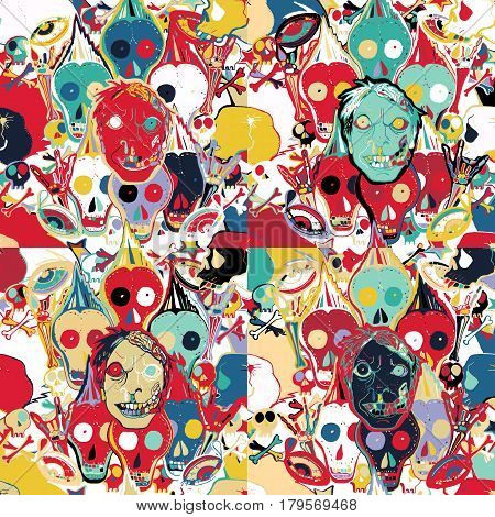 Vector hand drawn seamles pattern. Crazy zombie abstract background. Skullszombie stars punks. Can use for party decoration  gift prints home decor.