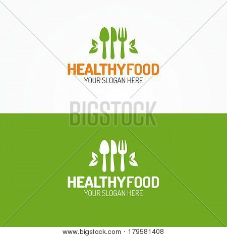 Healthy food logo set consisting silhouette of spoon, knife, fork and leaves for use vegan shop, organic food store, farm fresh market, vegetarian cafe, natural product etc. Vector Illustration