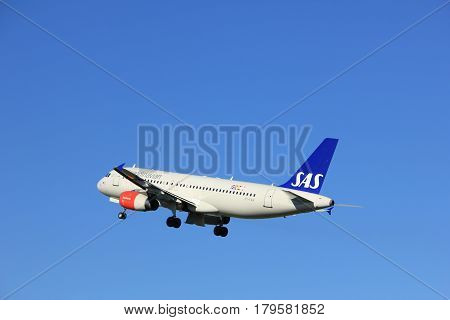 Amsterdam the Netherlands - August 18th 2016: OY-KAW SAS Scandinavian Airlines Airbus A320 taking off from Polderbaan Runway Amsterdam Airport Schiphol