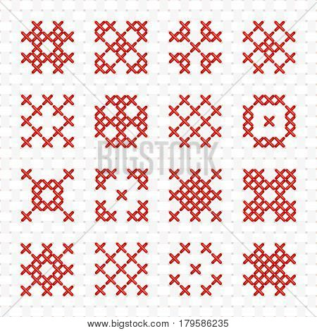 Set of geometric cross stitching element for embroidery design. Decorative blank for frames and patterns. Vector illustration.