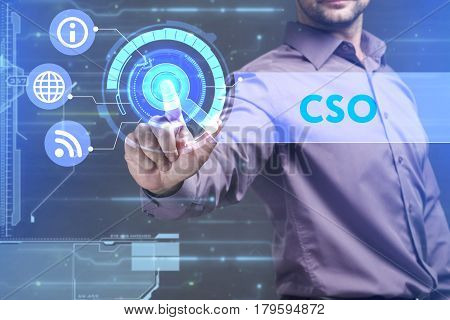 Business, Technology, Internet And Network Concept. Young Businessman Working On A Virtual Screen Of