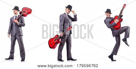 Businessman quitar player isolated on white