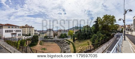 Panoramique View To Lyon With Old Roman Ruins And Cathedral On Hill