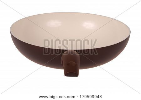 Photo of brown ceramic frying pan isolated on white background with soft shadow. Clipping path