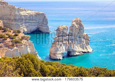 Beautiful scenic seascape view of Kleftiko rocky coastline on Milos island Greece